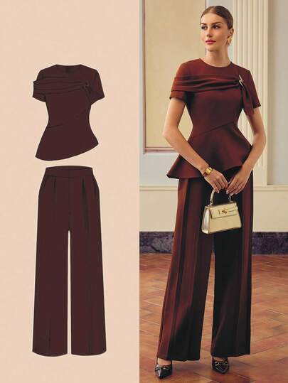 ZEYLAH Women's Casual Pleated Straight Leg Pants, Solid Color, For Daily Wear & Work Fall Cloth For Women