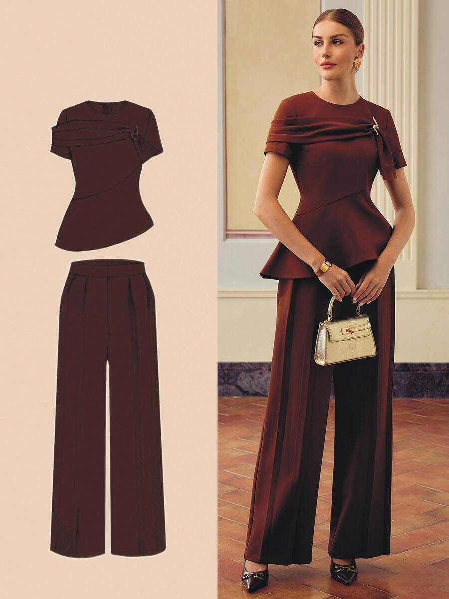 ZEYLAH Women's Casual Pleated Straight Leg Pants, Solid Color, For Daily Wear & Work Fall Cloth For Women - Brown - View 1