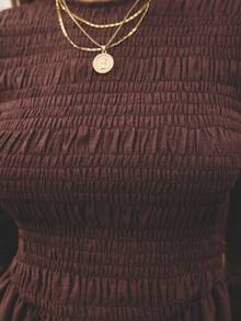 Aralina Fall Winter Elegant Chic Crew Neck Shirred Body And Sleeve Textured Fabric Detail Long Sleeve Cute Going Out Babydoll Mini Dress Vacation Dress Thanksgiving Festival Outfits - Coffee - View 4