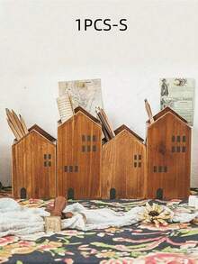 1件/2件小房子形状笔筒收纳盒，彩色铅笔盒木制复古桌面装饰，用于存放美术用品、画笔、办公用品、桌面化妆刷收纳盒、钢笔、笔、文具、铅笔盒、铅笔袋、学校用品、大号铅笔盒、办公设备、学校用品、便条纸、可爱装饰、返校用品、钢笔、学校用品