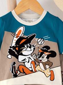 SHEIN 2 件套男童休闲卡通图案圆领短袖 T 恤和短裤套装，适合夏季 - 彩色 - 查看 5