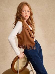 Tween Girl Waterfall Collar Fringe Trim Open Front Coat - Brown - View 5