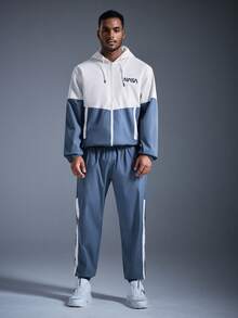 DRIFTMERE 男士休闲字母印花连帽夹克和抽绳运动裤套装，时尚百搭，适合春秋季、秋冬季节，可作运动服、健身房、慢跑套装 - 藍色 - 查看 3