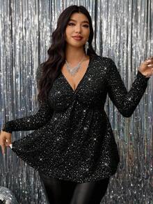 SHEIN Clasi Curve 大码女式黑色纯色亮银色烫金高品质弹力针织V领长袖T恤，黑色，秋季，女士秋季，秋季大码，外出上衣，外出上衣，女士办公室，女士秋季，女士优雅，女士秋季，办公室，外出上衣，万圣节，万圣节服装，万圣节，万圣节女士，秋季上衣，复古风格女士，性感上衣，闪亮上衣，2025新款，复古风格女士，适合多种场合 - 黑色 - 查看 6