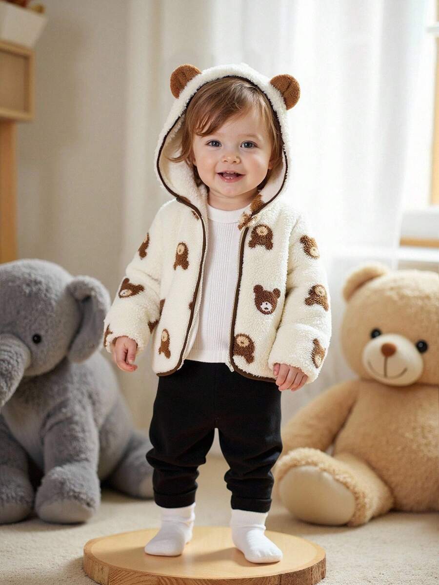 SHEIN 1pc Baby Boy Winter Fleece Hooded Jacket, Cute Bear Print, Soft & Comfortable Tops, Fashionable & Versatile Outerwear, Keeps Kids Warm & Stylish! Baby Boy Jacket Baby Coat Baby Bear Jacket Baby Boy Winter Jacket Baby Boy Jacket Baby Boy Winter Coat Boy Winter Jacket With Bear Baby Bear Coat Infant Boy Bear Clothes Cute Baby Winter Jacket Baby Boy Bear Jacket Fall - Multicolor - View 1