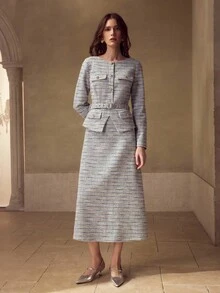 MOTF PREMIUM Váy vải tuýt có thắt lưng - màu đen - Xem 4