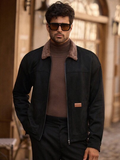 HIMLAND Men's Casual Suede Patchwork Coral Fleece Collar Jacket, Suitable For Autumn/Winter