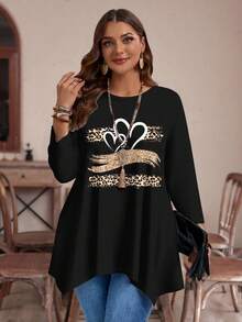 EMERY ROSE Camiseta de manga larga con cuello redondo, holgada, con estampado asimétrico de corazón y leopardo, para mujer de talla grande, color negro, para otoño/invierno, para salir de noche, para maestras, para atuendos de mujer en otoño