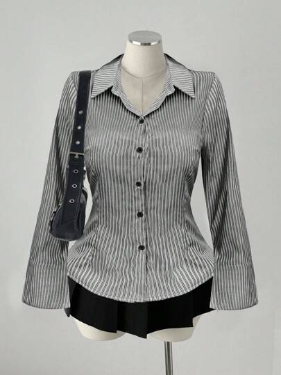 Sweetra Plus Size 1pc Women Vertical Striped Shirt, New Autumn Elegant Fitted Waist Top Fall Cloth For Women