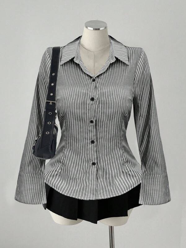 Sweetra Plus Size 1pc Women Vertical Striped Shirt, New Autumn Elegant Fitted Waist Top Fall Cloth For Women