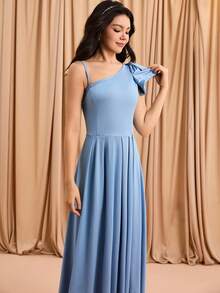 Teen Girls Elegant Fashionable Minimalist Asymmetric High Waist Long Solid Color Satin Fabric Bow Design Prom, Christmas Party, Halloween Event Dress - Blue - View 4