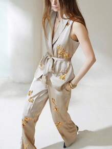 Aveloria Modichic 2pcs/Set Women's Heavily Sequined Embroidered Vest And Pants Set Fall Cloth For Women - Khaki - View 1