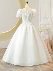 Vestido largo de encaje con tul para boda de chica adolescente - Blanco - Ver 2