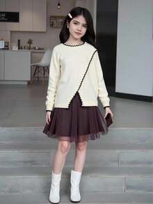 少女优雅休闲圆领白色开衩下摆毛衣，不对称下摆针织上衣，秋季新款 - 杏色 - 查看 1