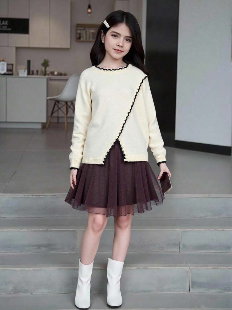 少女优雅休闲圆领白色开衩下摆毛衣，不对称下摆针织上衣，秋季新款 - 杏色 - 查看 1