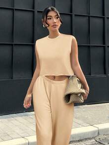 Muchica Bộ 2 món/Bộ đồ nữ kaki cổ tròn rộng rãi và quần âu thường ngày - Màu Khaki - Xem 4