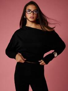 MISSGUIDED 女式露肩长袖短款上衣基本款休闲针织轻薄柔软弹力修身秋冬分层衬衫 - 黑與白 - 查看 3