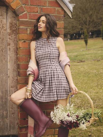 Aralina Fall/Winter Gingham Check Print Country Style Fit To Flare Pleated Skirt Detail Mini Dress With Princess Seams Perfect For Business Casual And Work Office Outfit