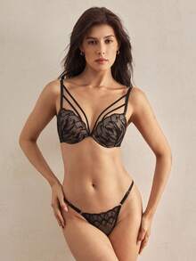 Charlaine 1/2 Cup Lace Lined Underwire Padded Plunge Bra With Contrast Trim, Romantic Women's Lingerie Lingerie Sets Push Up - Black - View 7