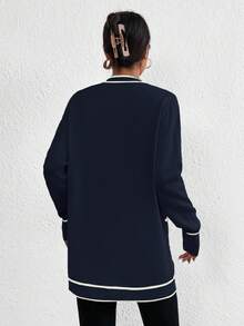 EMERY ROSE Casual Color Block Trim Dual Pocket Cardigan, Spring/Autumn Fall Winter Cloth For Women - Navy Blue - View 2