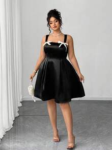 Elenzga Vestido de satén tejido con decoración de lazo para mujer de talla grande, estilo gótico femenino oscuro y preparatorio - Negro - Ver 1