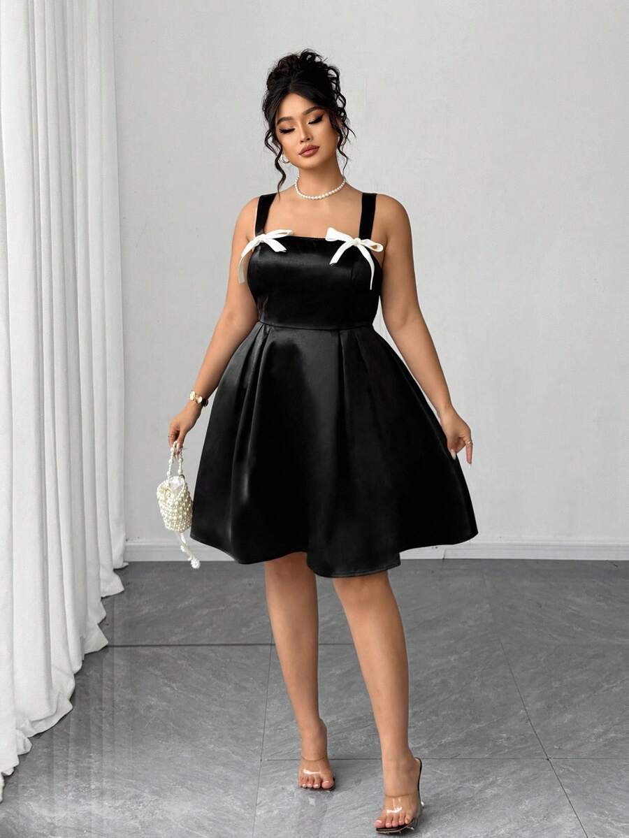 Elenzga Vestido de satén tejido con decoración de lazo para mujer de talla grande, estilo gótico femenino oscuro y preparatorio - Negro - Ver 1