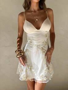 Aloruh Váy ngắn chữ A thêu xếp ly thanh lịch, gợi cảm, màu trơn dành cho nữ - Màu be - Xem 8