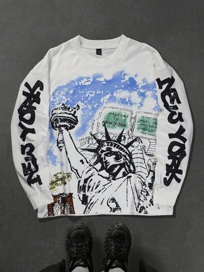 Manfinity EMRG Men Plus Size Statue Of Liberty Slogan Print T-Shirt, Fall, Long Sleeve Top