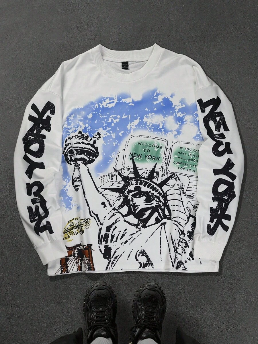 Manfinity EMRG Áo thun nam in khẩu hiệu Tượng Nữ thần Tự do cỡ lớn, mùa thu, áo dài tay - trắng - Xem 1