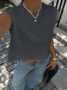 SHEIN Essnce Women Solid Round Neck Sleeveless Loose Cropped Tank Top - Dark Grey - View 3