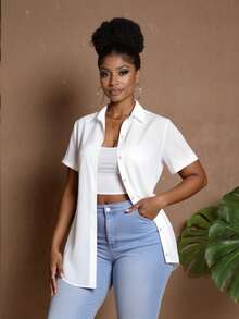 Maweii Plus Size Summer Casual Solid Color Split Hem Shirt - White - View 3