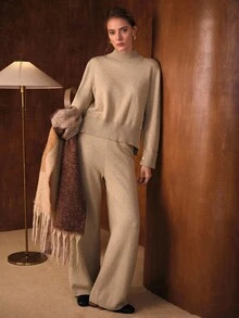 MOTF PREMIUM Conjunto de top con cuello split y pantalones con cordón en la cintura - Caqui - Ver 4