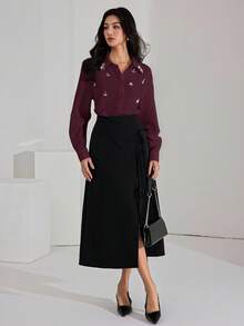 Heiryn Women's Elegant Commuter Rhinestone Decorated Blouse,Red Top - Burgundy - View 5