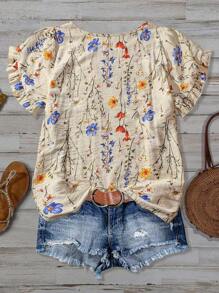 SHEIN LUNE CURVE Plus Size Women Summer New Arrival Colorful Print Casual Commute Vacation Style Frill Trim Short Sleeve Fashion Stylish Loose Flattering Regular Blouse - Multicolor - View 5