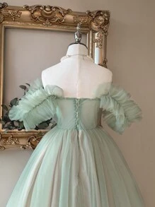 Lovelzi 优雅浪漫的绿色网眼荷叶边露肩收腰派对鸡尾酒会礼服 - 綠色 - 查看 4