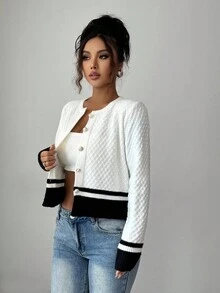 SHEIN Clasi Elegant Romantic Striped Round Neck Cardigan With Metal Button Decor, Black & White Knit Sweater For Women, Autumn - Black and White - View 6
