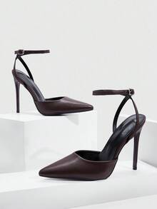 CUCCOO SZL Giày cao gót hở gót thời trang nữ có khóa trang trí - Màu nâu Sô-cô-la - Xem 2