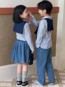 Genkimix Kids 3 件套年轻男孩休闲装：披肩领毛衣 + 条纹衬衫 + 水洗牛仔裤，秋季时尚造型 - 藍色 - 查看 2