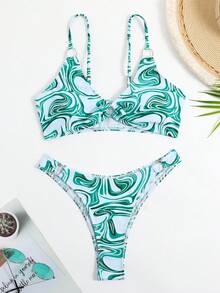 SHEIN Swim Summer Beach Random Allover Print Ring Linked Bikini Set - Multicolor - View 3