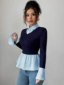 Elenzga Women's 2 In 1 Woven Patchwork Shirt Collar V-Neck Long Sleeve Fitted Flared Hem Elegant Blouse, Spring/Autumn/Winter Fall Cloth For Women