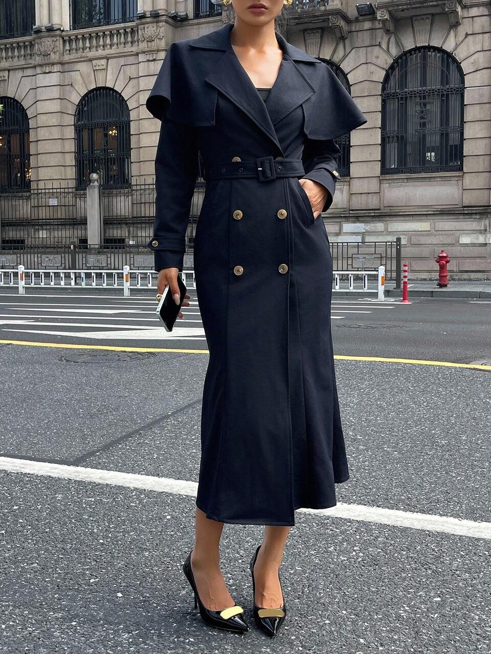 Women's Solid Color Double-Breasted Belted Midi Dress, Commuter Style