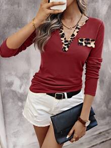 EMERY ROSE Women's Leopard Patchwork Simple Daily Notch Neck Long Sleeve T-Shirt Graphic Cheetah Print Tees Women Tops For Spring - Burgundy - View 5