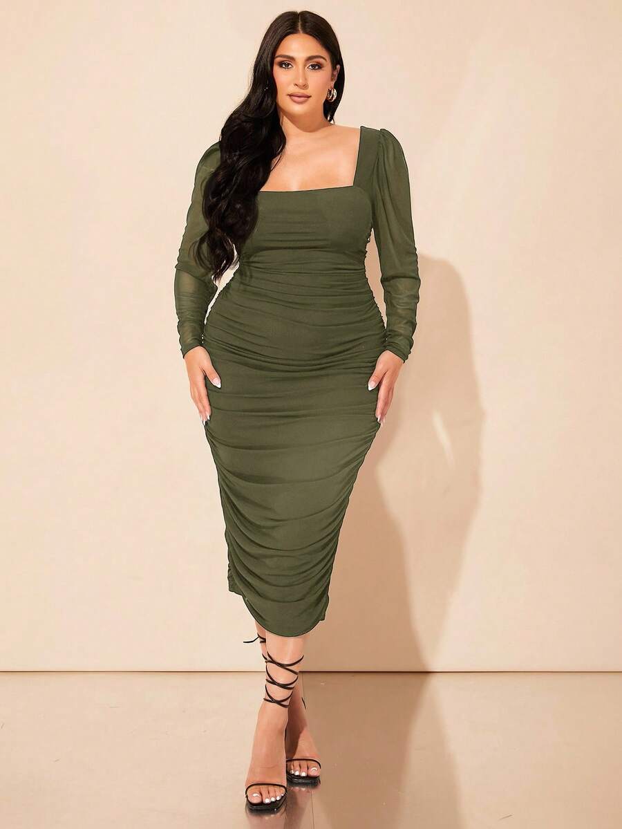 SHEIN BAE Plus Size Fall Black Mutton Sleeve Mesh Gathered Square Collar Elegant Commuter Long Dress - Army Green - View 1