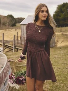 Aralina Fall Winter Elegant Chic Crew Neck Shirred Body And Sleeve Textured Fabric Detail Long Sleeve Cute Going Out Babydoll Mini Dress Vacation Dress Thanksgiving Festival Outfits - Coffee - View 6