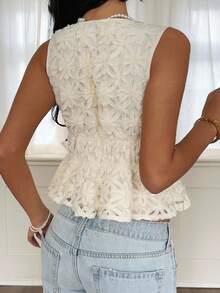 Serisse 女式提花深V领系腰荷叶边下摆性感时尚衬衫 - 杏色 - 查看 2