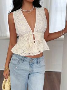 Serisse 女式提花深V领系腰荷叶边下摆性感时尚衬衫 - 杏色 - 查看 6