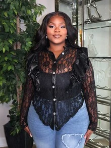 Hourglow Ceceforeign_ Spring And Summer Autumn And Winter Elegant Women's Black Lace Ruffled PU Patchwork Buttoned Cardigan Jacket, For Hourglass Body Shape