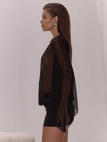 MUSERA Sheer Plunge Front Flared Sleeve Mini Dress Classy Sexy Night Out Occasion Vacation Layered Party Elegant Summer Outfit Holiday - Black - View 4