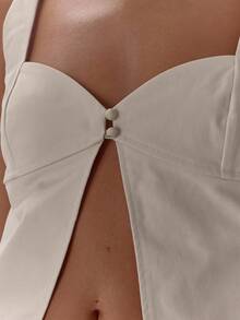 MUSERA Button Front Sweetheart Neck Thick Strap Split Front Detail Crop Top Classy Sexy Night Out Occasion Vacation Autumn Layered Winter Fall