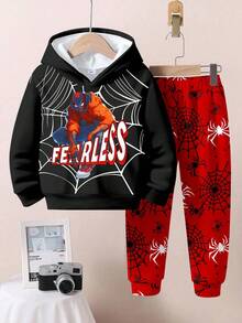 SHEIN Bộ 2 món Fearless Spider-Hero cho bé trai - Áo hoodie và quần nỉ thể thao, trang phục siêu anh hùng Halloween, từ trẻ mới biết đi đến trẻ lớn - Nhiều màu - Xem 3